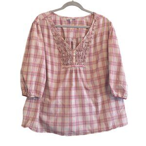 Fashion Bug RWB Top Pull Over V neck Ruffled  Plaid 3/4 Sleeve Women 2X Plus